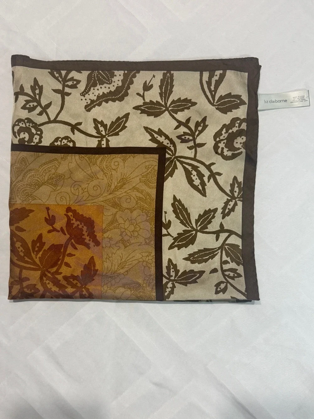 LIZ CLAIBORNE 100% Silk Scarf | Brown Cream Rust Floral | Square Scarf Purse Tie